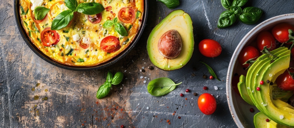 Top-down view of an Italian frittata, a Keto lunch option, laid on a bright surface with cheese, tomatoes, and avocado, offering copy space for images. Top-down view of an Italian frittata, a Keto lunch option, laid on a bright surface with cheese, tomatoes, and avocado, offering copy space for images.