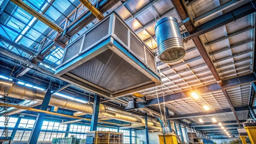 A large, industrial air filter hangs from the ceiling of a massive factory building, surrounded by pipes and machinery, with a bright blue sky outside.