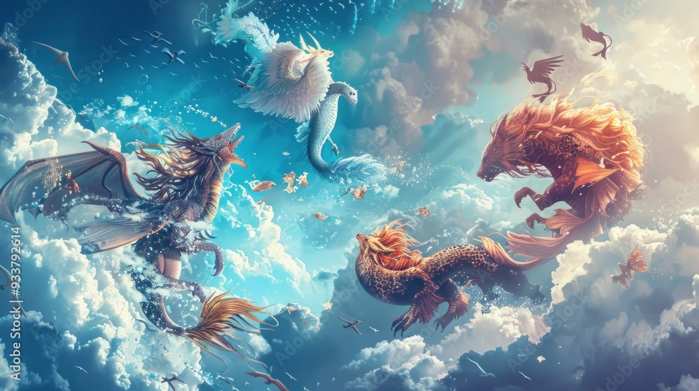 Fantasy Creatures Soaring Through Clouds. Fantasy Creatures Soaring Through Clouds.