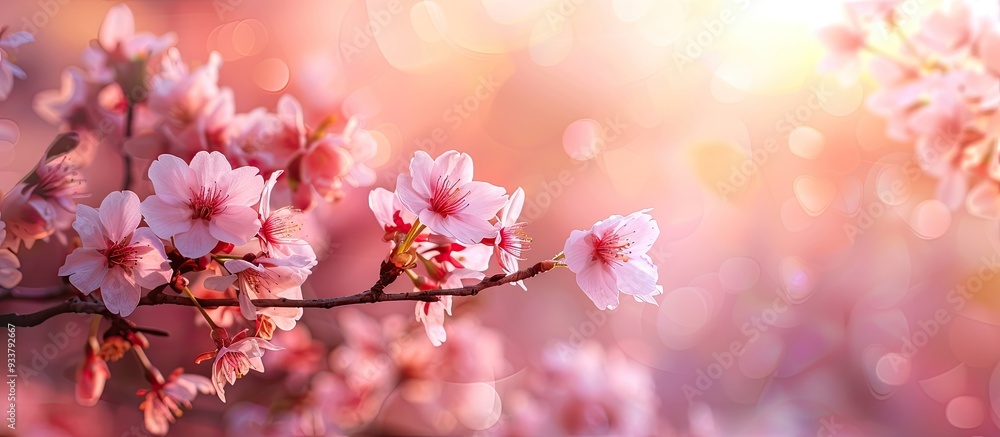 Naklejka premium Selective focus on a branch of blossoming sakura tree with a blurred background; ideal for text with copy space image.