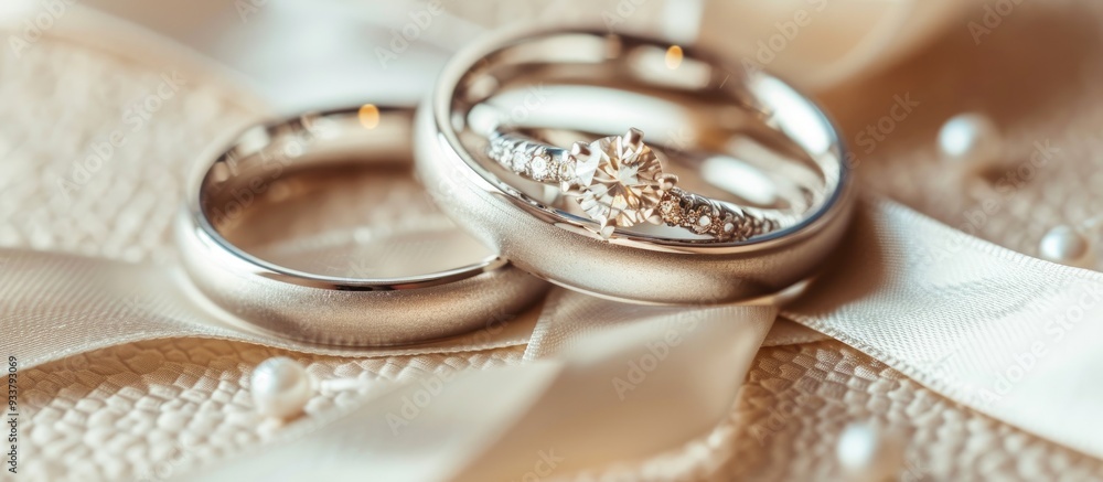 Silver wedding fashion jewelry set on a beige ribbon background displaying a pair of elegant white gold band rings with copy space image. Silver wedding fashion jewelry set on a beige ribbon background displaying a pair of elegant white gold band rings with copy space image.