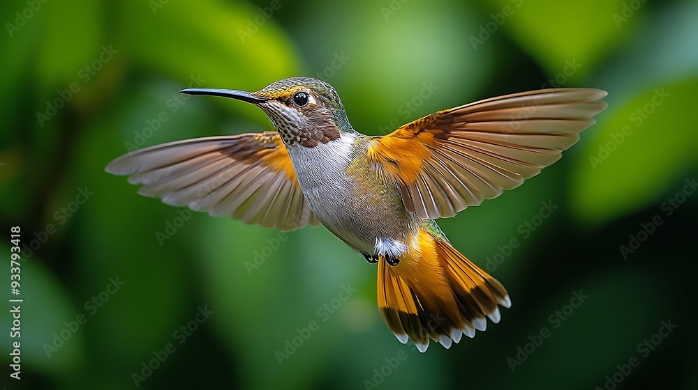 Fototapeta premium A hummingbird in flight with its wings spread wide, against a background of green foliage.