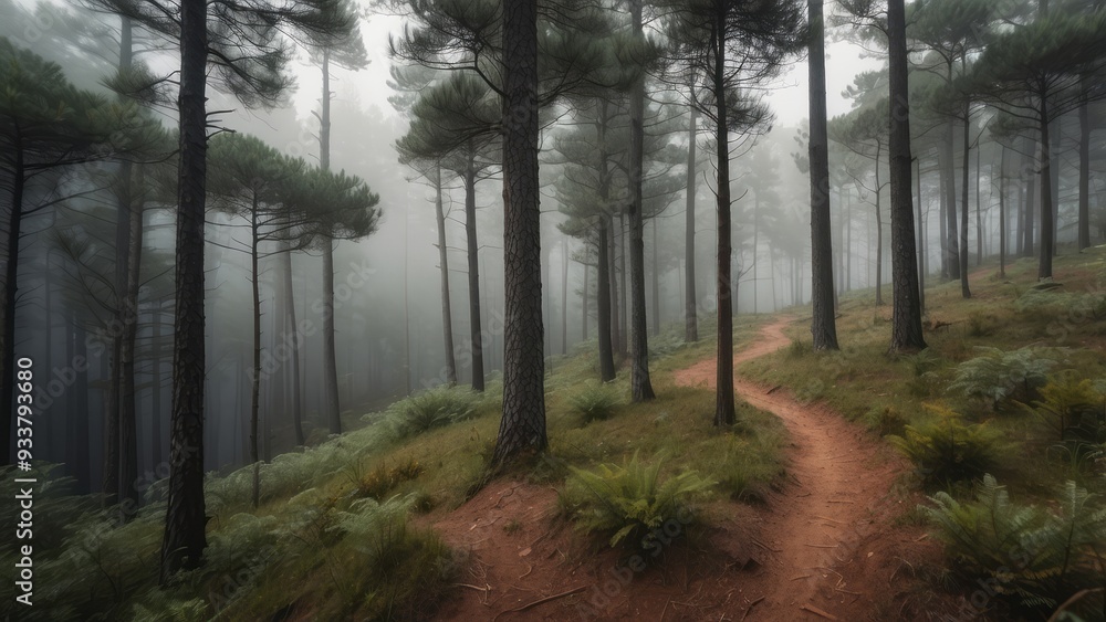 Winding Path Through a Foggy Pine Forest Winding Path Through a Foggy Pine Forest