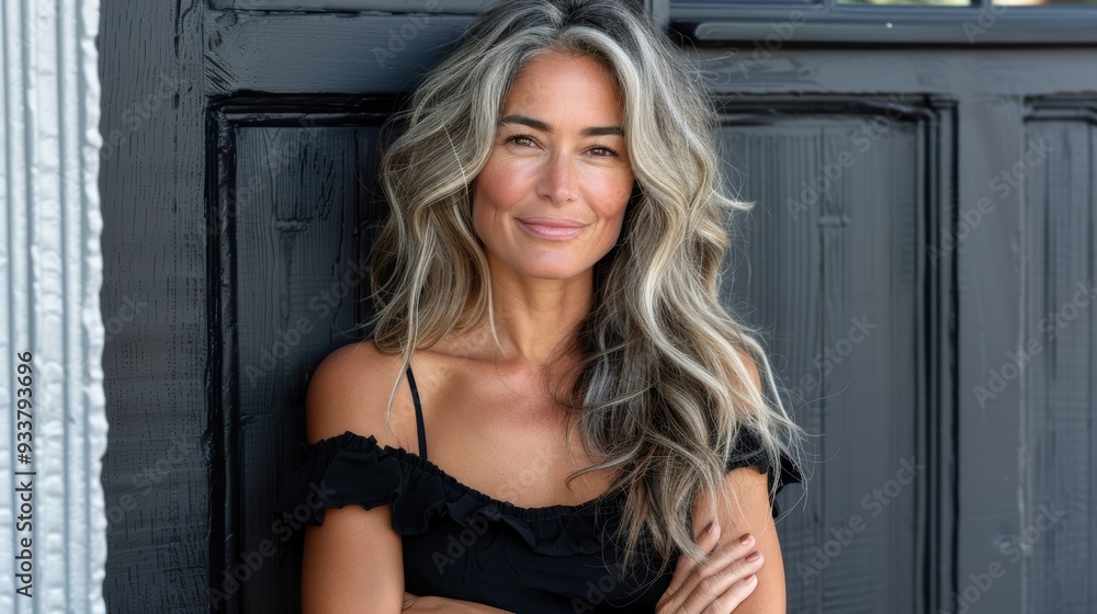 Portrait of a confident woman with long, wavy gray hair wearing a black off-the-shoulder top, standing against a dark wooden background, exuding elegance and grace Portrait of a confident woman with long, wavy gray hair wearing a black off-the-shoulder top, standing against a dark wooden background, exuding elegance and grace