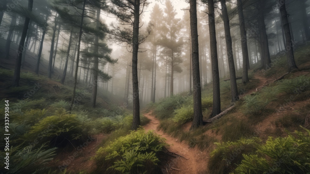 Obraz premium Misty Forest Path with Sunlight Filtering Through the Trees