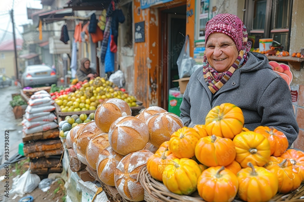 Obraz premium An elderly woman with a warm smile sells fresh bread and vibrant yellow-orange squash at a rustic outdoor market stand in a bustling village