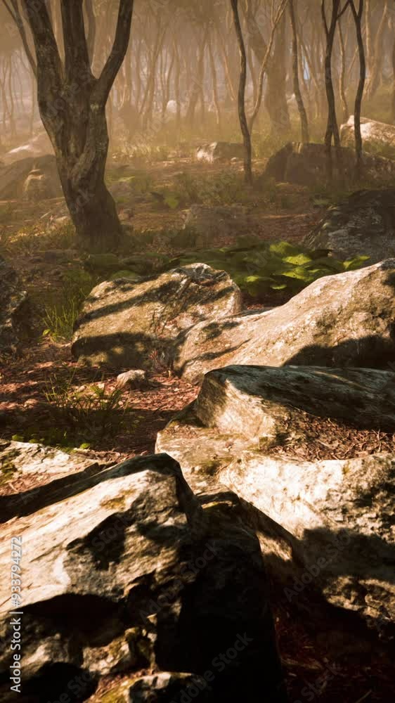Sunrays in a forest on a hazy morning Sunrays in a forest on a hazy morning