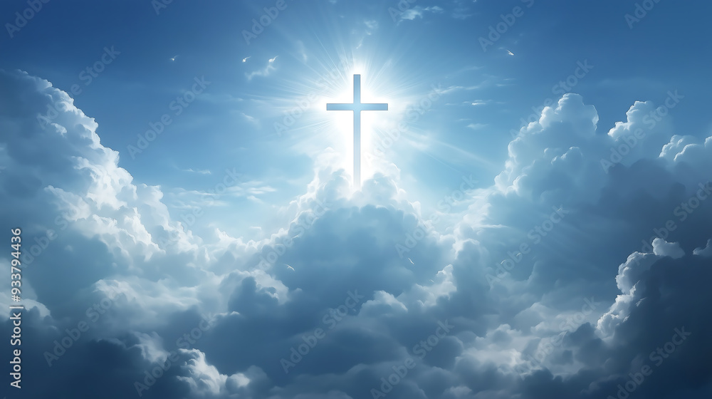Radiant cross shining through clouds symbolizing faith and divine light Radiant cross shining through clouds symbolizing faith and divine light