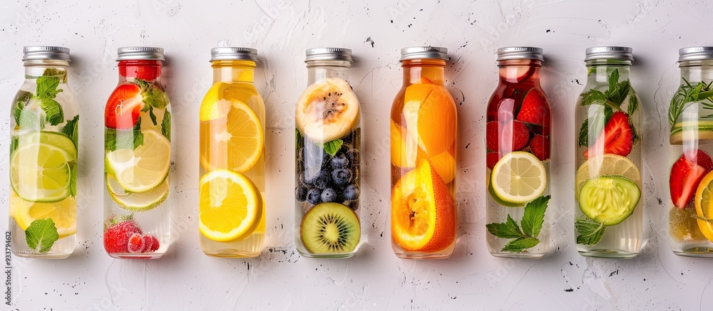 Fototapeta premium Refreshing summer drinks - a variety of fruits infused in detox water in small glass bottles, epitomizing the concept of a healthy diet with a copy space image.