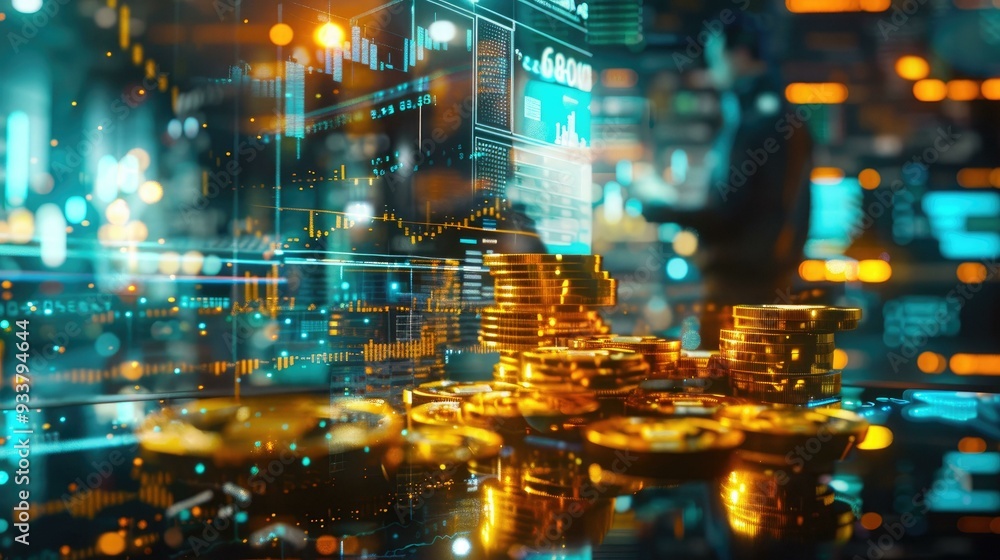 A stunning triple exposure image blending gold coins, advanced digital trading screens, and a futuristic trader, encapsulating a high-tech finance scene filled with vibrant neon colors. A stunning triple exposure image blending gold coins, advanced digital trading screens, and a futuristic trader, encapsulating a high-tech finance scene filled with vibrant neon colors.