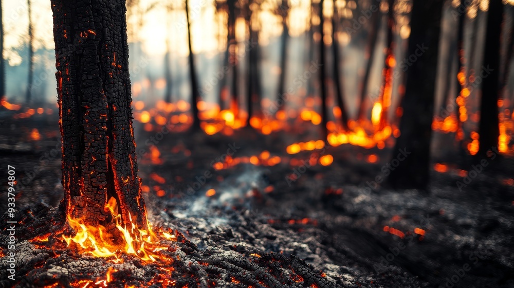 Close-up of charred trees and smoldering ground in a Mediterranean forest, capturing the aftermath of a devastating wildfire Close-up of charred trees and smoldering ground in a Mediterranean forest, capturing the aftermath of a devastating wildfire
