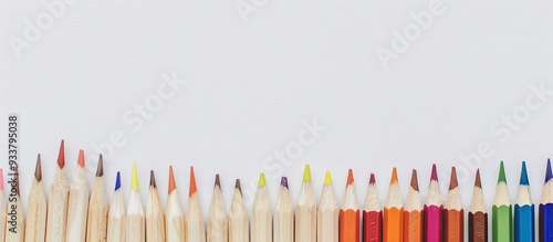 Vibrant pencils neatly aligned on a white surface create a minimalist, perfectionist vibe with ample copy space image. photo