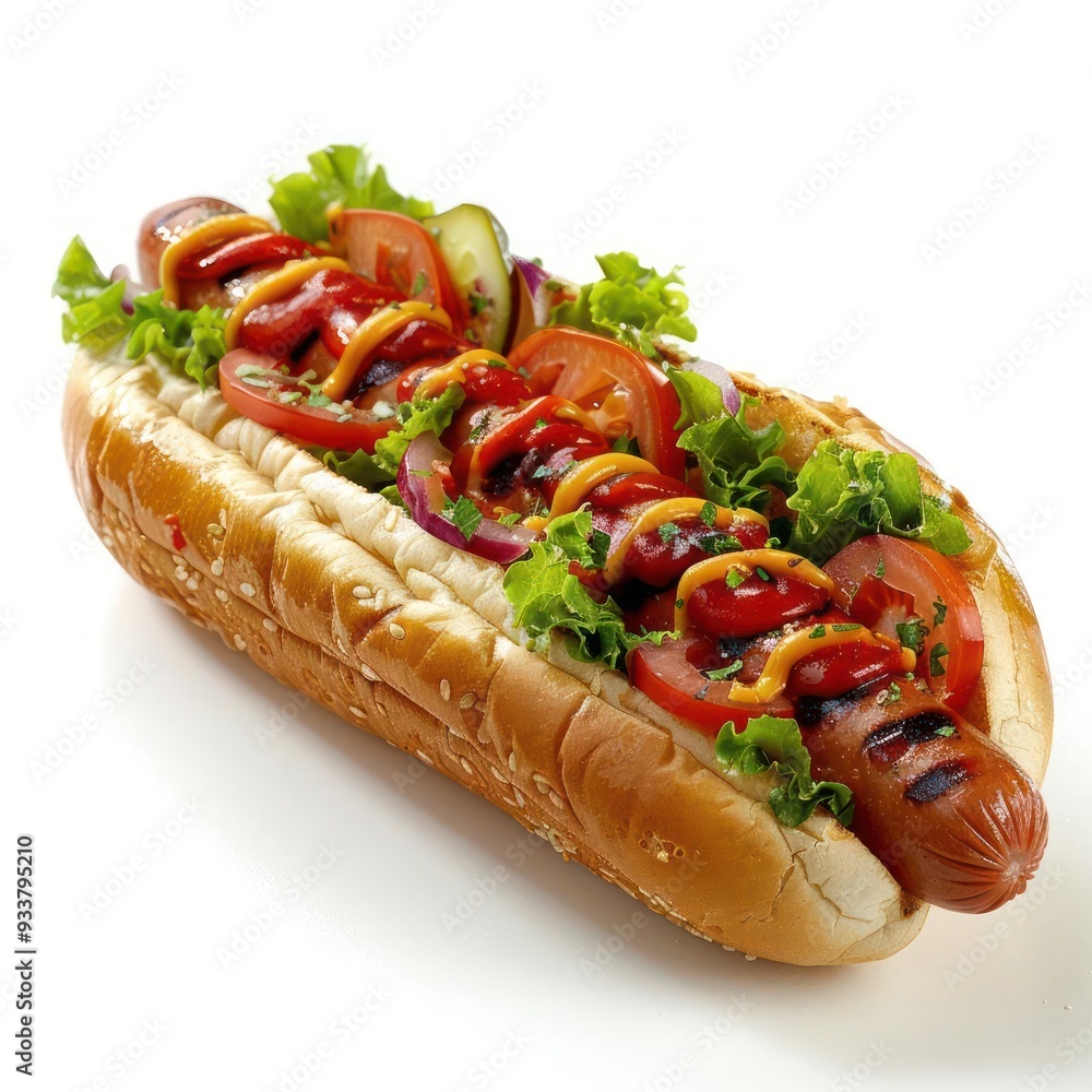 A delicious looking hot dog topped with a variety of condiments. A delicious looking hot dog topped with a variety of condiments.