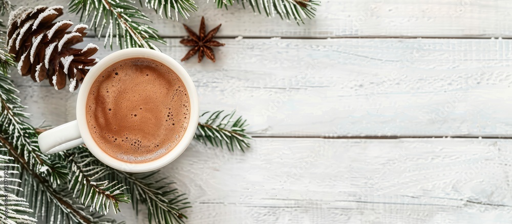 Top view Christmas background featuring a fir tree, a cup of hot cocoa or chocolate on a white wooden surface, and ample copy space image. Top view Christmas background featuring a fir tree, a cup of hot cocoa or chocolate on a white wooden surface, and ample copy space image.