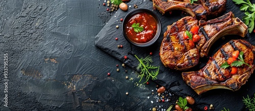 Obraz  z motywem Freshly grilled pork chops, steaks, vegetables, coriander, beans, and sauce displayed on a black slate with a dark background, accented with herbs and foam, creating an artistic copy space image.
