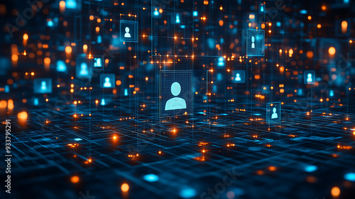 A dynamic digital network showcasing virtual profiles in a futuristic representing data-driven recruitment