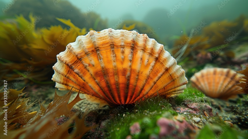A vibrant underwater scene showcasing a beautiful scallop shell amidst the lively marine ecosystem, emphasizing the color and texture of the ocean life A vibrant underwater scene showcasing a beautiful scallop shell amidst the lively marine ecosystem, emphasizing the color and texture of the ocean life
