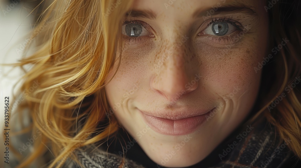 A close-up portrait of a person with freckles and wavy hair, wearing a scarf and smiling gently while looking directly into the camera, combining warmth and subtle curiosity A close-up portrait of a person with freckles and wavy hair, wearing a scarf and smiling gently while looking directly into the camera, combining warmth and subtle curiosity