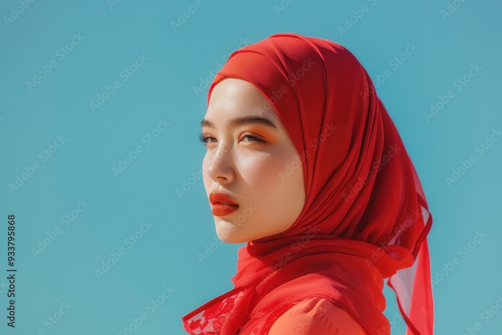 Woman in Red Headscarf with Blue Background Woman in Red Headscarf with Blue Background