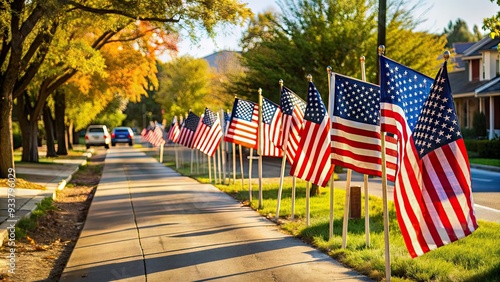 American flags and campaign signs line the street as citizens cast their ballots on a pivotal day for the nation's future leadership. photo