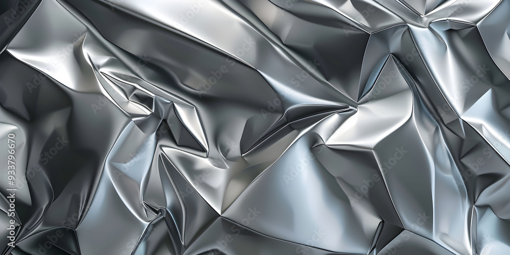 Crumpled metallic surface close-up highlights intricate textures. Abstract silver background. Crumpled metallic surface close-up highlights intricate textures. Abstract silver background.