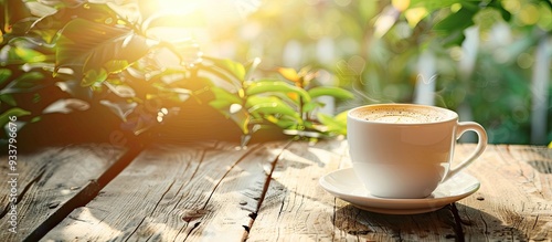 Latte coffee cup on rustic wooden table with background sunlight, creating a warm and inviting atmosphere for a copy space image. photo