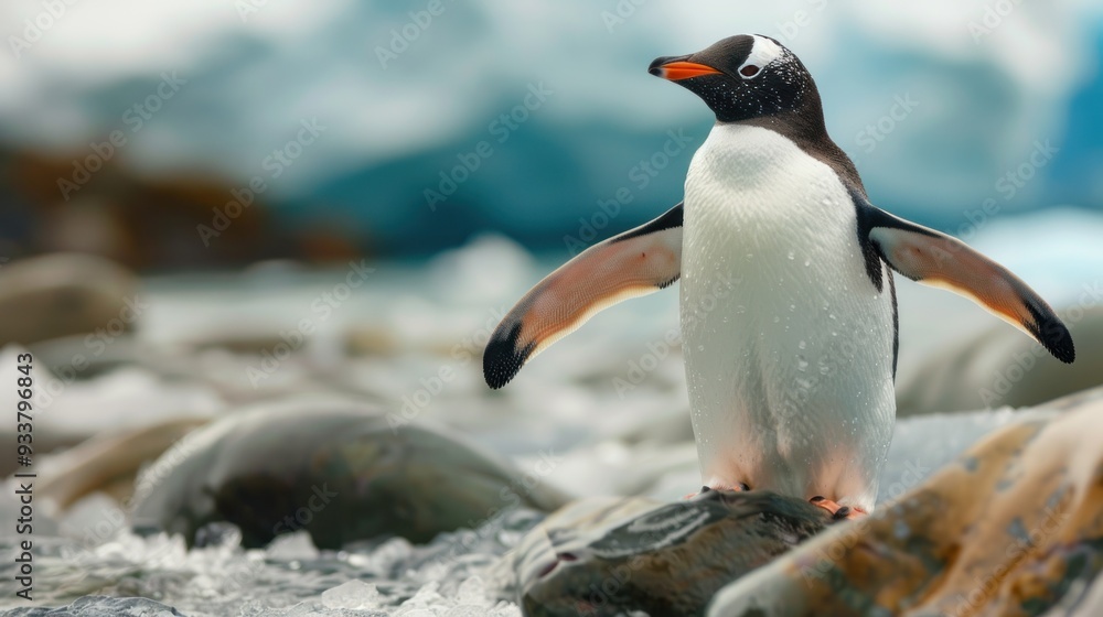 Fototapeta premium Gentoo Penguin standing on a rock with a blue background.