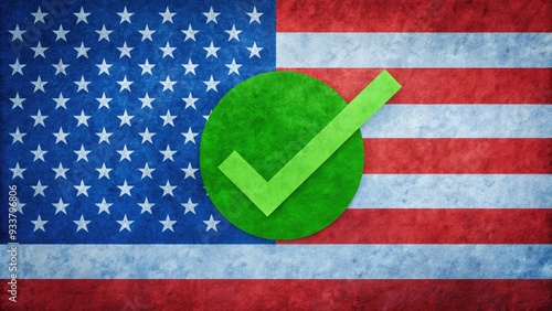 American flag with a bold green checkmark superimposed, symbolizing approval, success, or confirmation, set against a bright blue background with subtle texture. photo