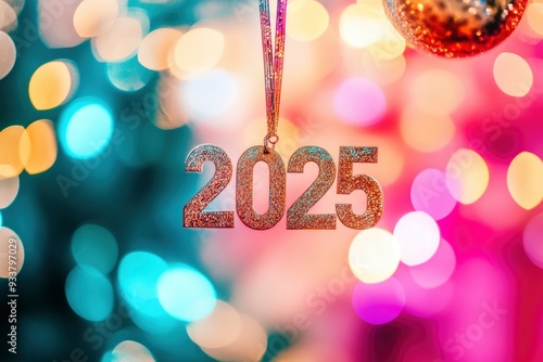 Happy new year with text "2025". White paper numbers hanging on colorful blur background ar with generative ai