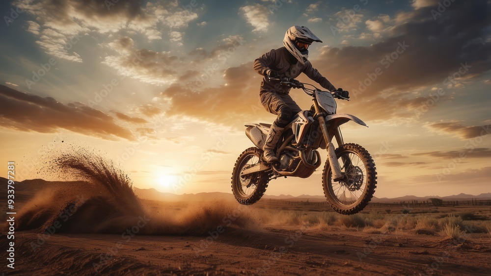 Dirt Bike Rider Leaping Over a Dune at Sunset Dirt Bike Rider Leaping Over a Dune at Sunset