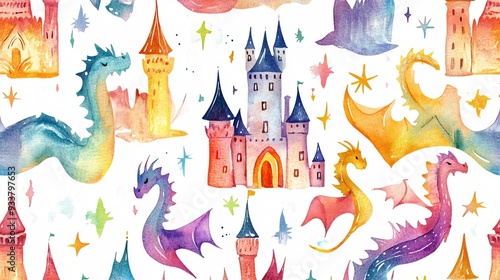 A colorful abstract watercolor background with playful and fun elements featuring cartoon-style animals, including dragons, dinosaurs, and cats, set against a whimsical Halloween and holiday theme