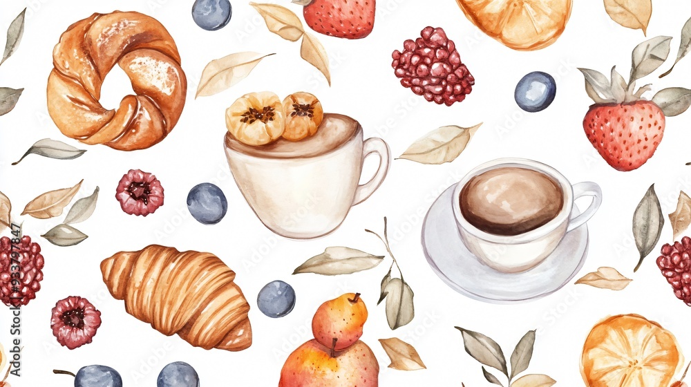 A delicious assortment of sweets and pastries set against a background of coffee cups and desserts, featuring cakes, croissants, and chocolate, all in a cozy café setting A delicious assortment of sweets and pastries set against a background of coffee cups and desserts, featuring cakes, croissants, and chocolate, all in a cozy café setting