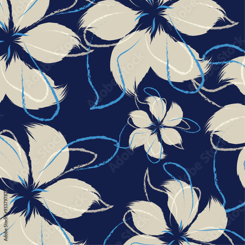 Modern blue textile design in vector of hand drawing patterns. Floral textile tropical bicolor flower and leaves miniprint andThe arrangements