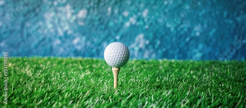 The golf ball and tee on fake grass in the image are stationary, not ready for play, with a plain background for text or graphics. image with copy space