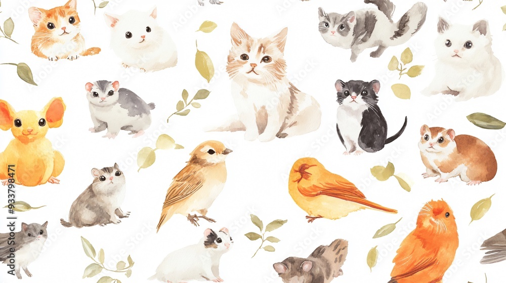 Obraz premium Patterned collection of cartoon animals including dogs, cats, rabbits, pigs, tigers, cows, horses, and more, showcasing a cute and playful assortment of pets and farm animals