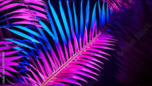 Purple blue and pink neon exotic tropical plant leaves background.