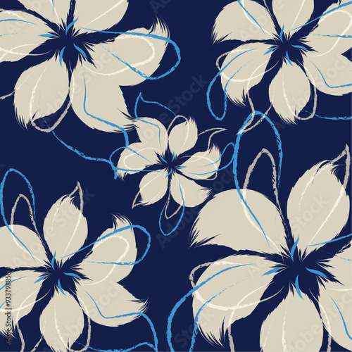 The pattern features large, cream-colored flowers. A Seamless hand drawing patterns. soft blue and grey floral textile tropical bicolor flower and leaves miniprint