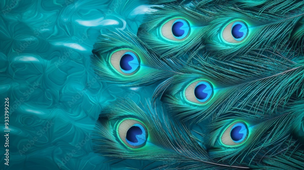 Obraz premium Colorful peacock feathers create a stunning pattern against a tranquil blue background, capturing nature's exquisite beauty.