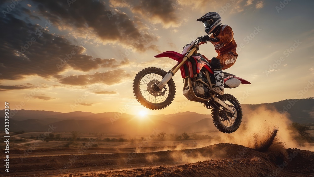 Motocross Rider Leaping Over a Dirt Track at Sunset Motocross Rider Leaping Over a Dirt Track at Sunset