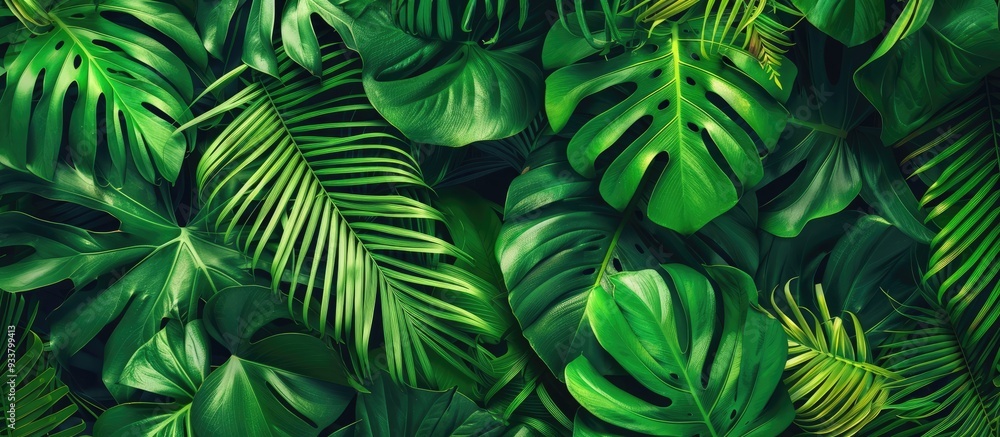 Tropical plants create an abstract forest pattern with leaves in a seamless design, set against a green background, perfect for use on various media like menus, booklets, banners, and websites as a Tropical plants create an abstract forest pattern with leaves in a seamless design, set against a green background, perfect for use on various media like menus, booklets, banners, and websites as a