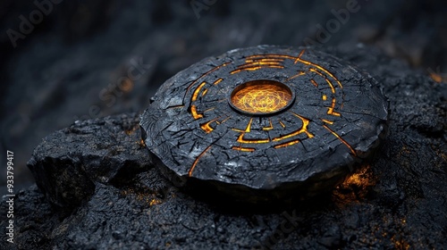 A mystical stone artifact with glowing symbols, set against a rocky texture, perfect for fantasy and adventure themes.