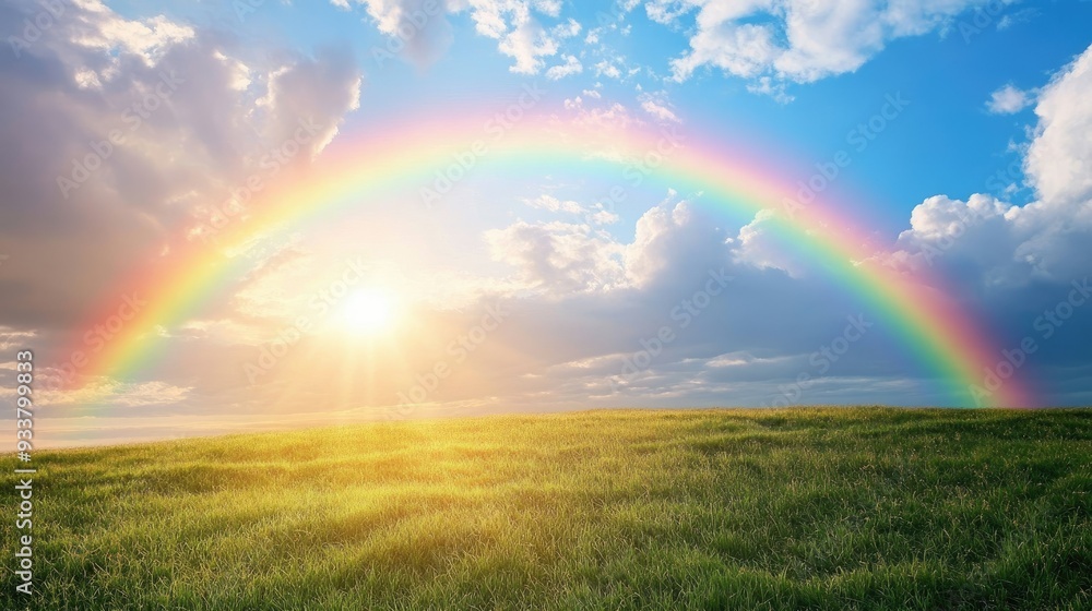 A beautiful rainbow forming over a tranquil field of grass, with sunlight breaking through the clouds A beautiful rainbow forming over a tranquil field of grass, with sunlight breaking through the clouds