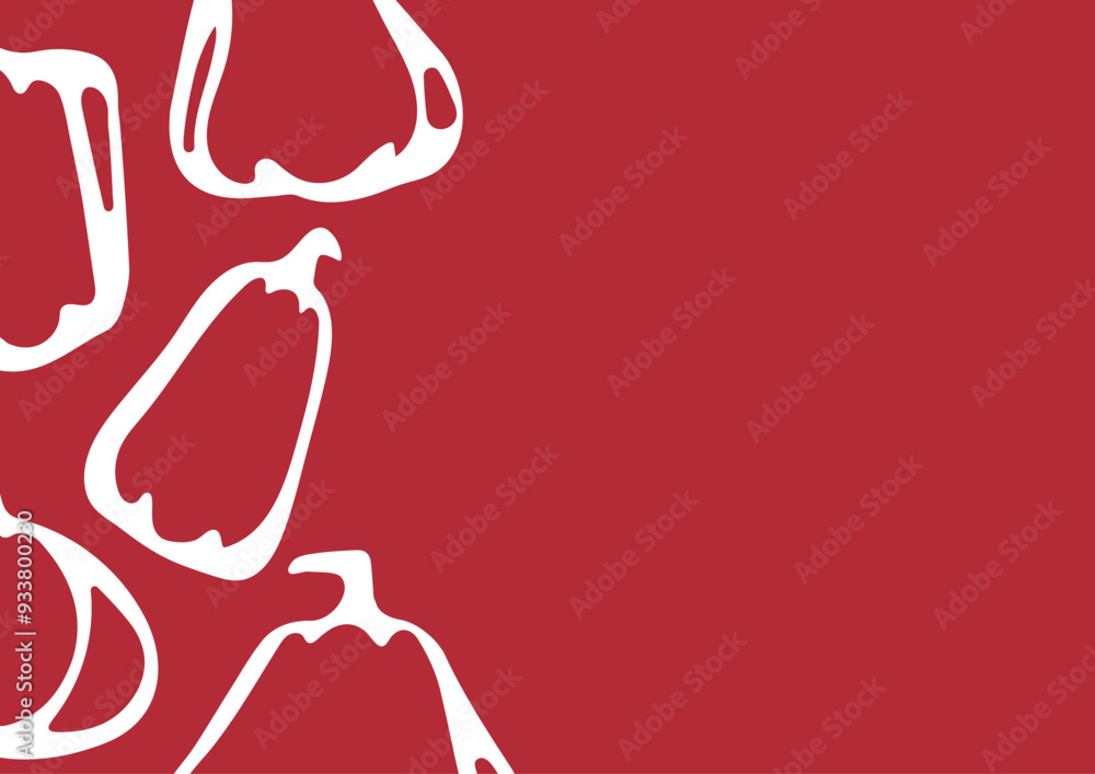 seamless autumn poster with a variety of pumpkins drawn in outline placed on one side of the poster on a pastel red background, vector