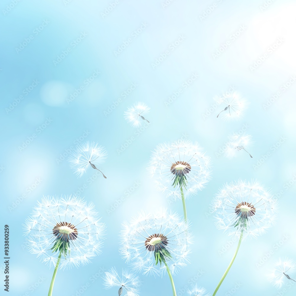 Obraz premium Cartoon dandelions floating on a gentle watercolor breeze