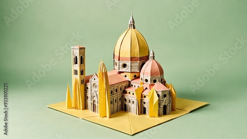 Origami Florence Cathedral on a pastel yellow background with space for captions