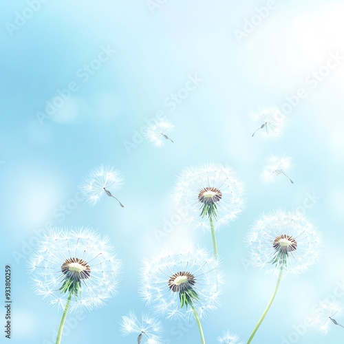 Cartoon dandelions floating on a gentle watercolor breeze