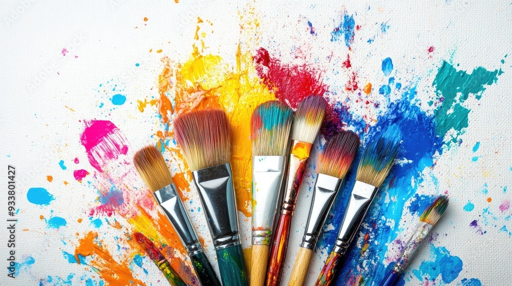 Fototapeta premium A dynamic arrangement of paintbrushes with splashes of bright, colorful paint on a white canvas background