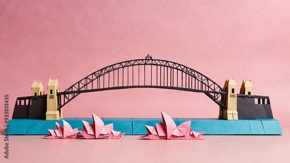 Fototapeta premium Origami Sydney Harbour Bridge on a pastel pink background with room for text