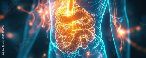 A vibrant illustration of the human digestive system highlighting its intricate structure and glowing energy pathways.
