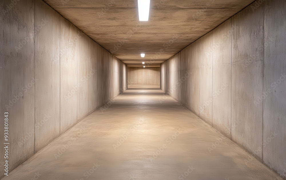 A modern concrete hallway with bright lights, creating a sense of depth and perspective in a minimalist architectural space. A modern concrete hallway with bright lights, creating a sense of depth and perspective in a minimalist architectural space.